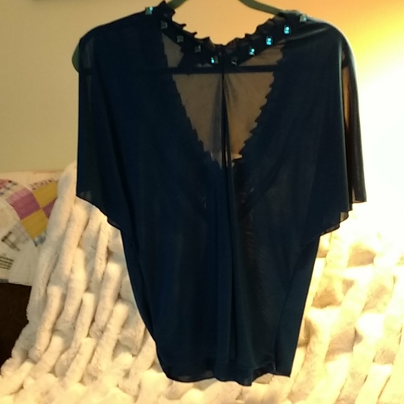 MODA International Bejeweled Deep-V Teal Blouse - Picture 2 of 7